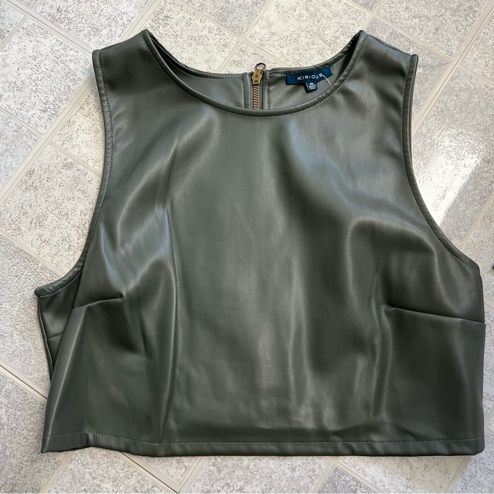 NWT Kirious Faux Leather Dark Gray Cropped Sleeveless Top